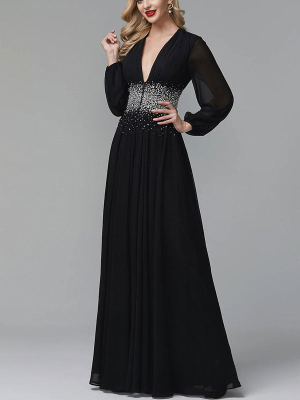 Wedding Guests Long Sleeve V-Neck Chiffon Women's Dress
