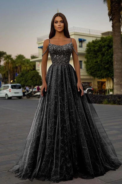 Tulle A-Line Long Spaghetti-Straps Prom Dress With Sequins Beads