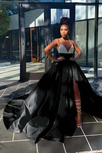 Glamorous Yellow Sequins V-Neck A-Line Prom Dress  Sleeveless With Split