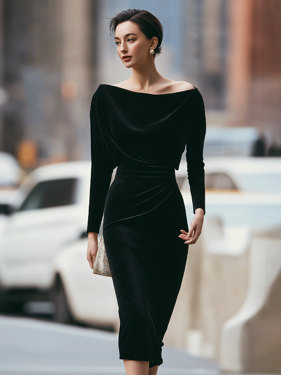 Black Off-Shoulder Velvet Dress With Draped Detail
