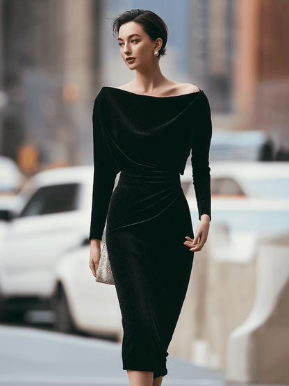 Black Off-Shoulder Velvet Dress With Draped Detail