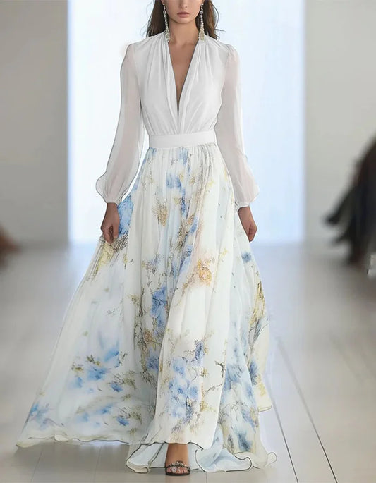V-neck Long-sleeved Printed Maxi Dress