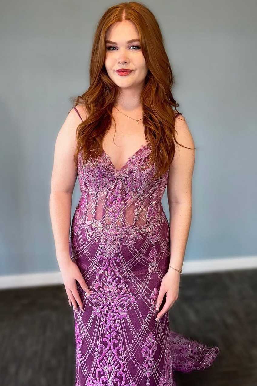 Stunning Purple V Neck Spaghetti Straps Appliques Mermaid Long Prom Dress