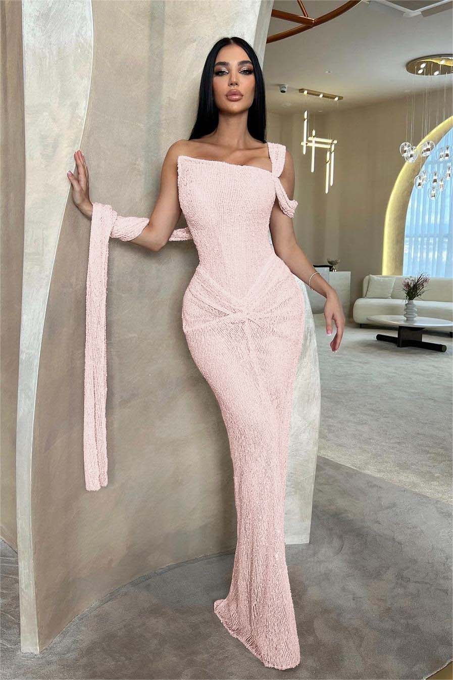 Lussooy Sage Shinning One Shoulder Sequins Sleeveless Split Prom Dress with Pleated