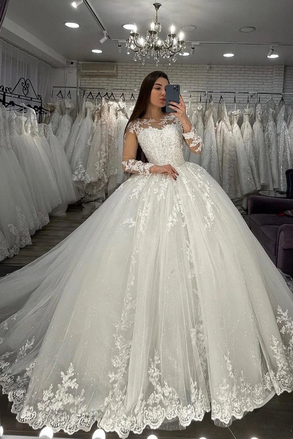 Long Sleeves Sheer Tulle Ball Gown Wedding Dress With Appliques