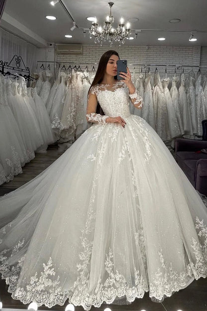 Long Sleeves Sheer Tulle Ball Gown Wedding Dress With Appliques