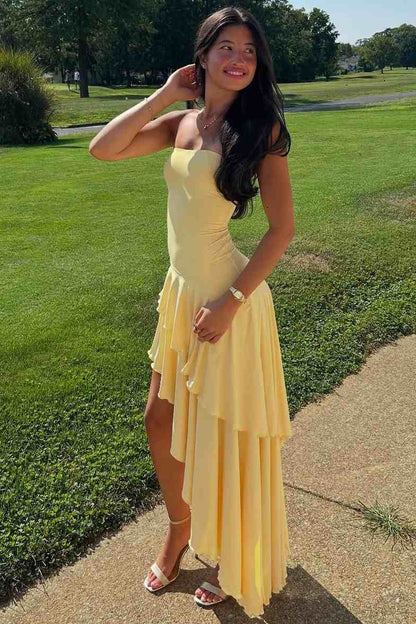 Chic Yellow Satin Ruffles High Low Long Prom Dress Evening Party Dress