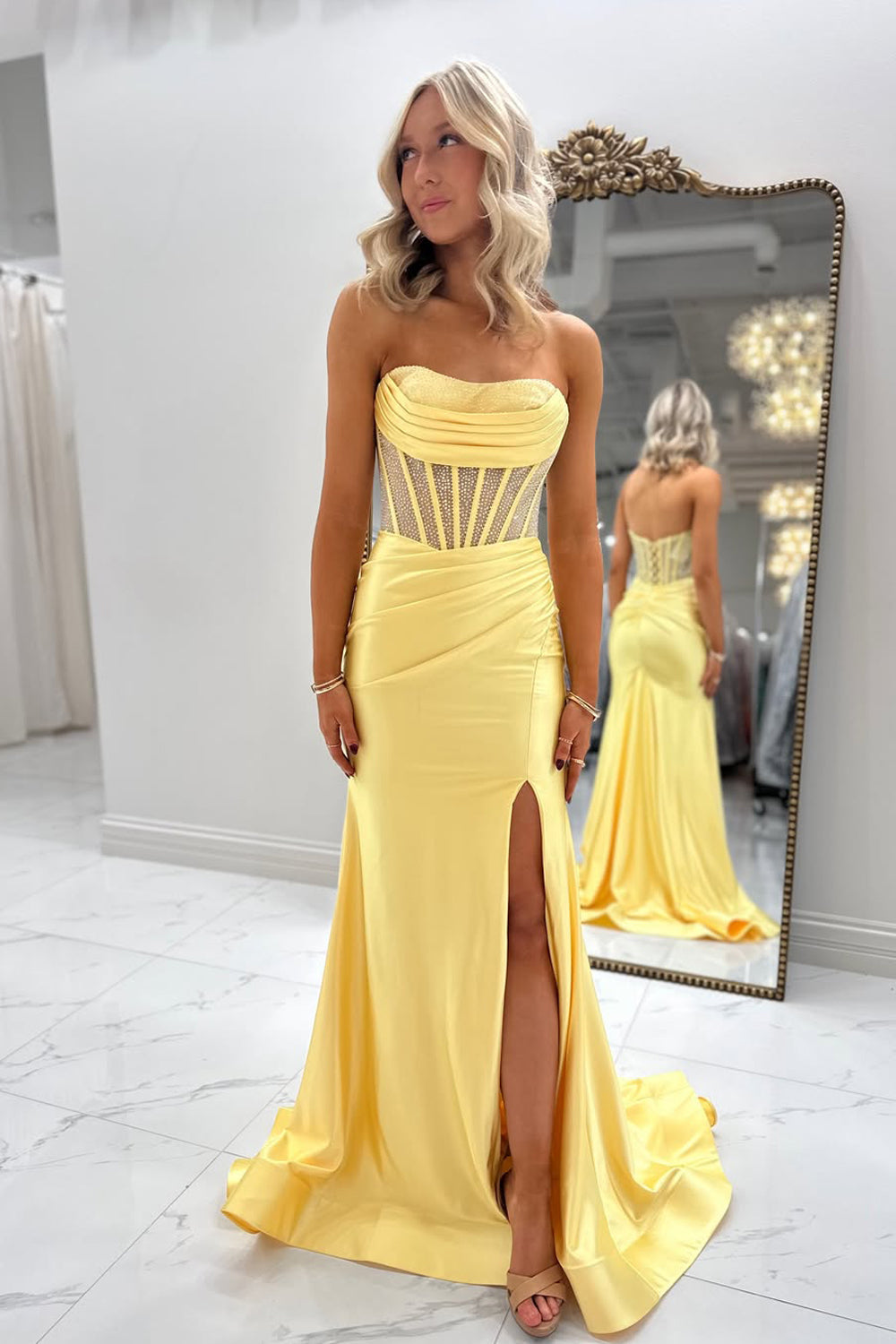 Cute Mermaid Strapless Satin Long Prom Dress with Hot Stone