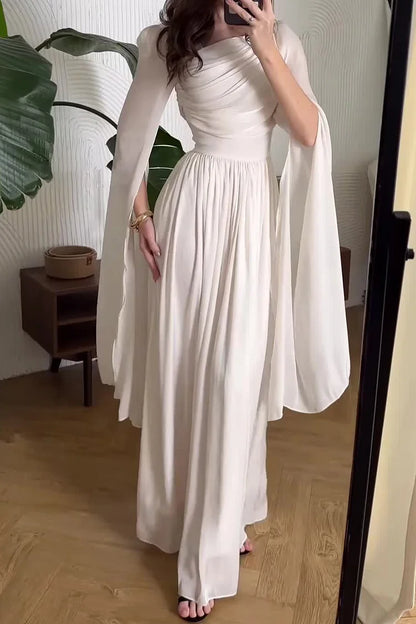 Ruched Irregular Neck Slit Long Sleeve Lace Up Cinch Waist Party Maxi Dresses