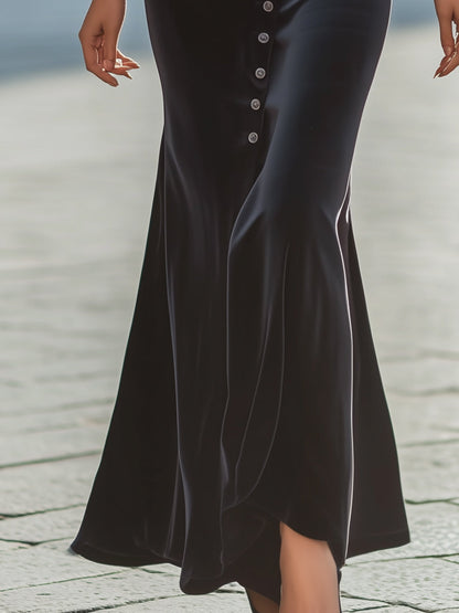 Elegant Black Velvet Maxi Dress With Button Detail