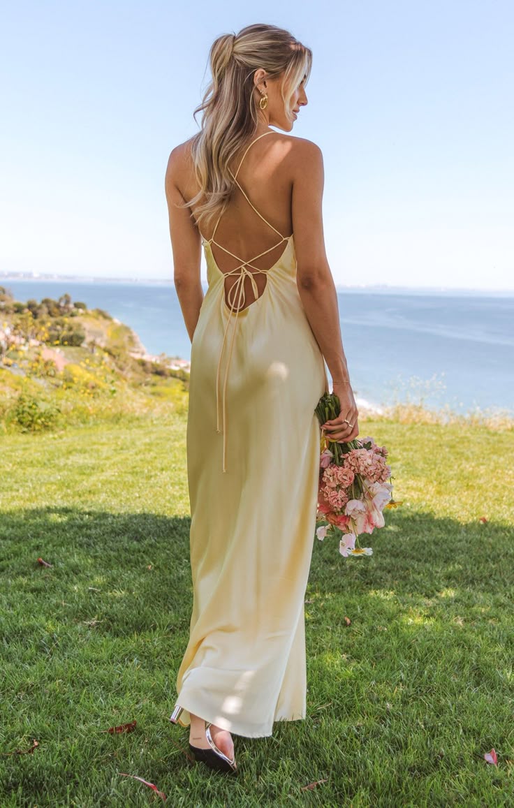 Simple Spaghetti Straps V Neck Yellow Silk Satin Prom Dresses