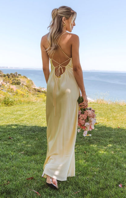 Simple Spaghetti Straps V Neck Yellow Silk Satin Prom Dresses