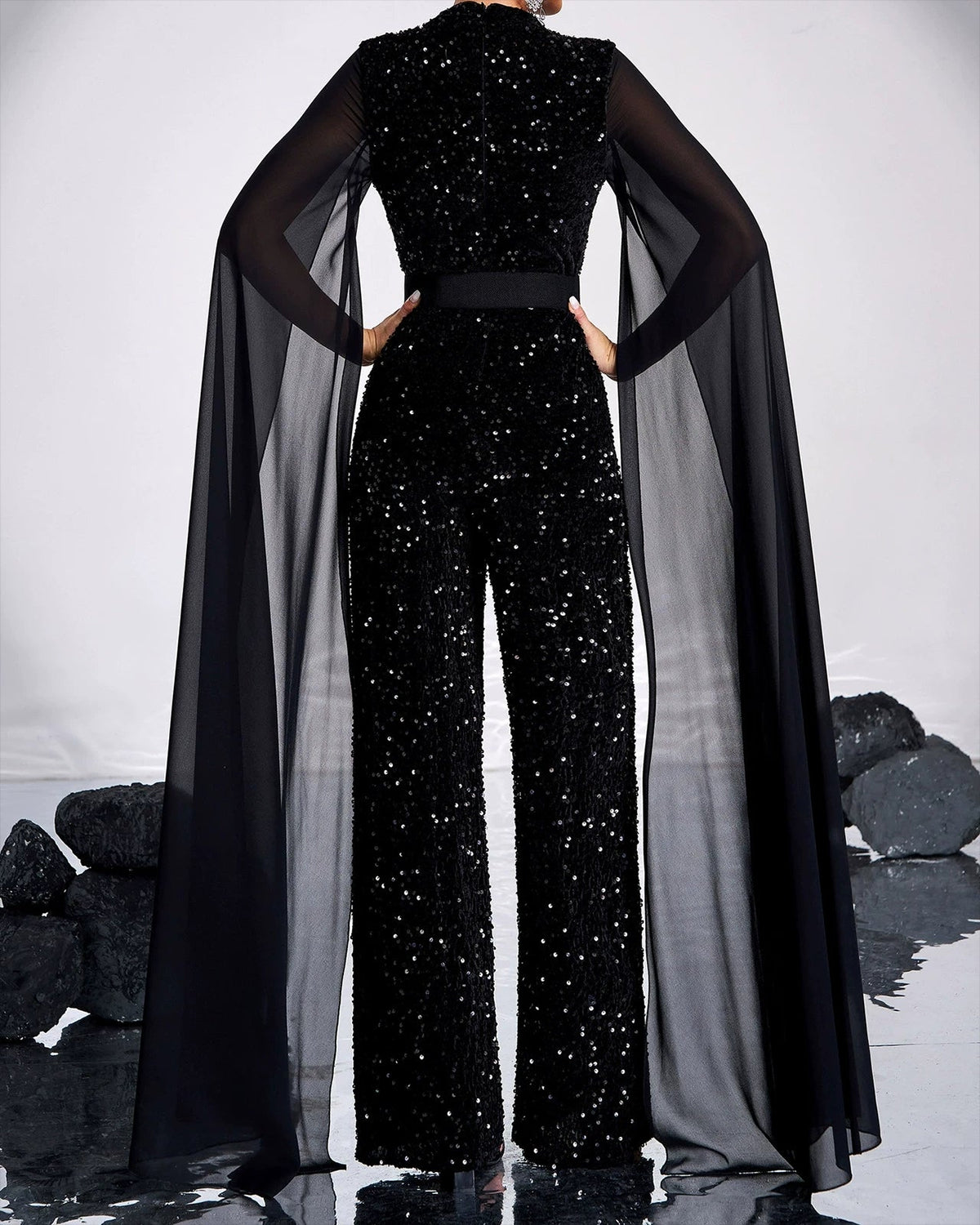 Women's Cape Black Sequin Jumpsuit