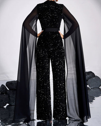 Women's Cape Black Sequin Jumpsuit