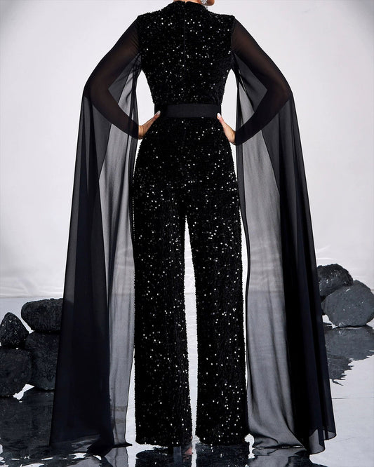 Women's Cape Black Sequin Jumpsuit