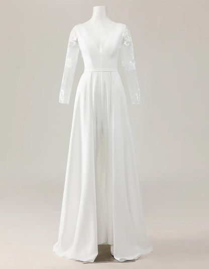 Ivory Deep V-Neck Trailing Lace Wedding Jumpsuit