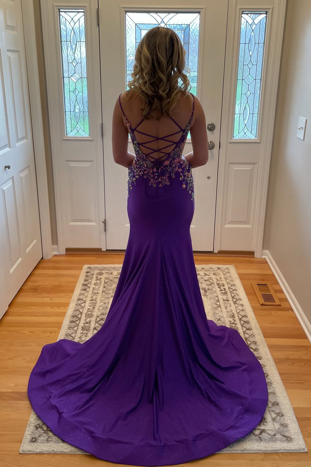 Gorgeous Mermaid V Neck Purple Satin Prom Gown with Appliques