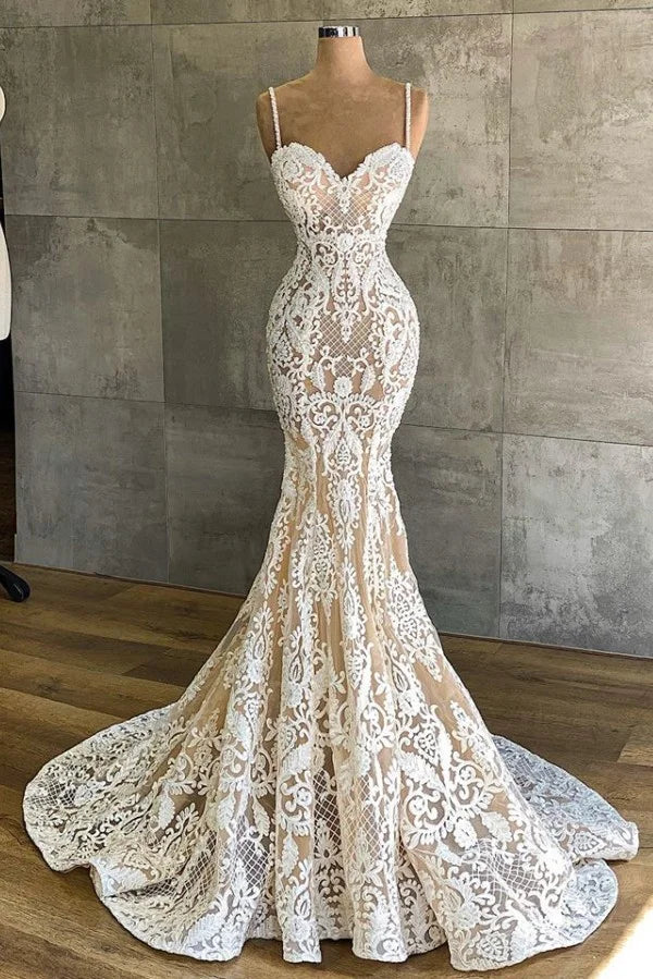 Sexy Sweetheart Spaghetti-Straps Floor-length Mermaid Wedding Dress With Appliques Lace