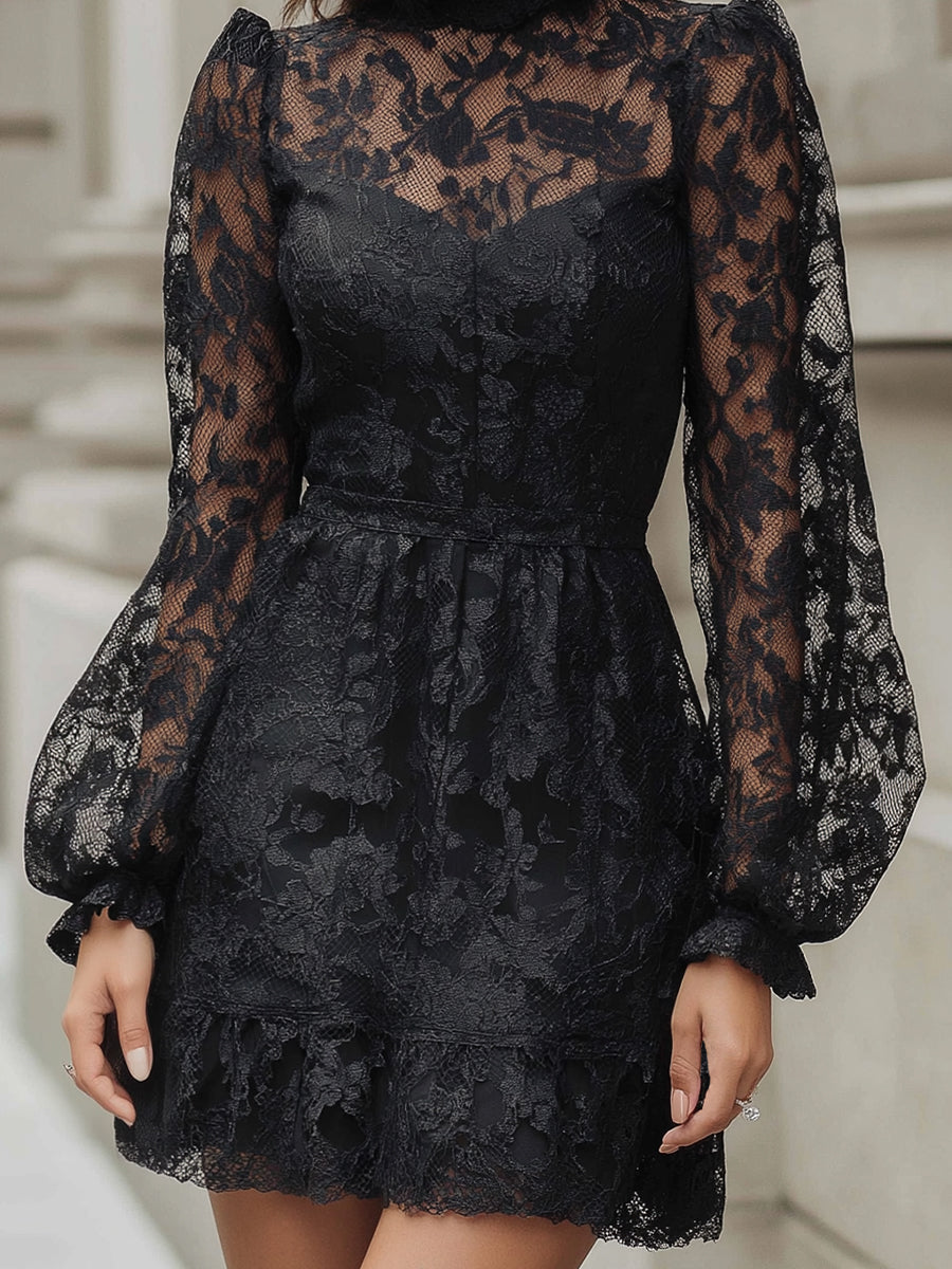 Puffed Sleeves Lace Dress With Ruffled Hem