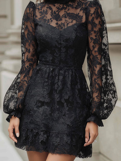 Puffed Sleeves Lace Dress With Ruffled Hem