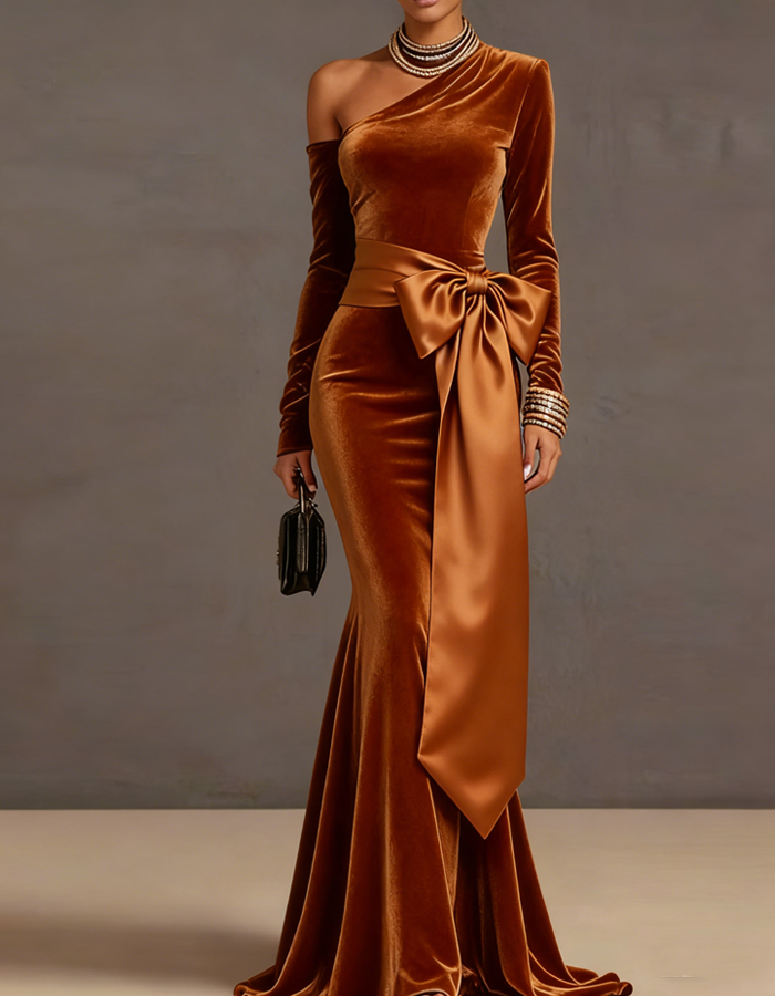 Gold Satin Off-the-shoulder Long Sleeves Maxi Dress