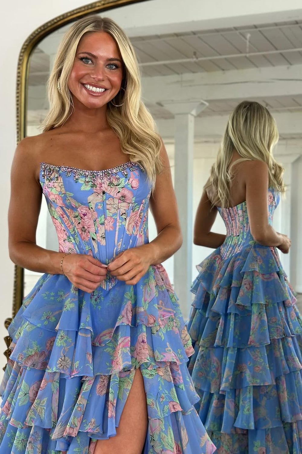 Pink Floral Printed Chiffon Strapless Corset Ruffle Tiered Long Prom Dresses with Beading