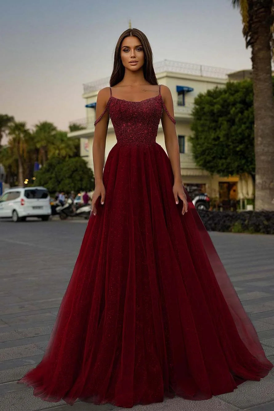Tulle A-Line Long Spaghetti-Straps Prom Dress With Sequins Beads