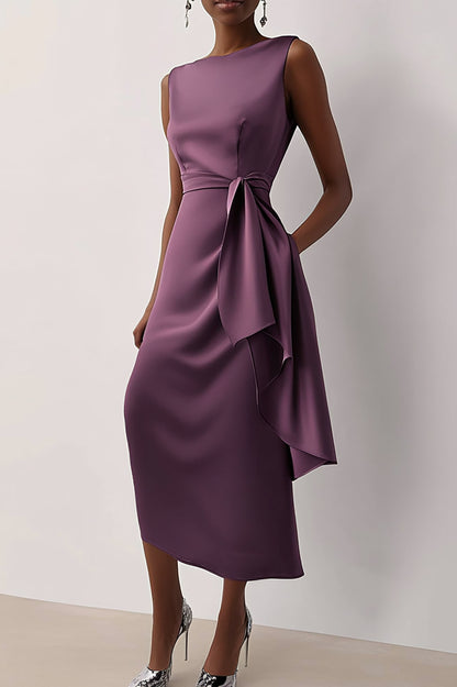 Fall Wedding Guest Dress Purple Sleeveless Draped Waist Midi Dress