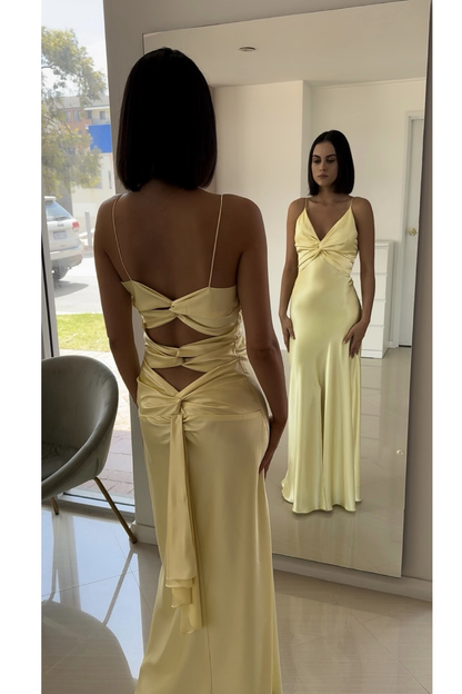 Light Yellow V Neck Straps Long Party Dress Wedding Guest Dres