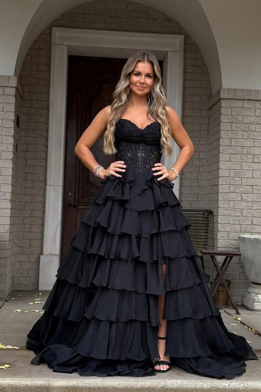 Gorgeous A Line Sweetheart Neck Black Chiffon Tiered Prom Dress with Slit