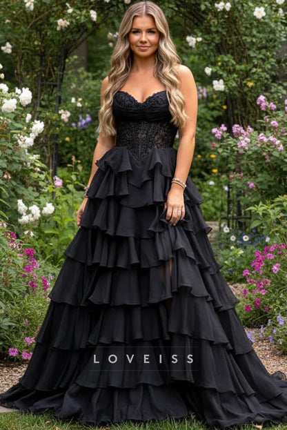 Gorgeous A Line Sweetheart Neck Black Chiffon Tiered Prom Dress with Slit