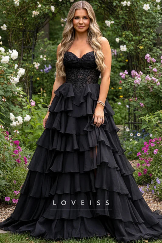 Gorgeous A Line Sweetheart Neck Black Chiffon Tiered Prom Dress with Slit
