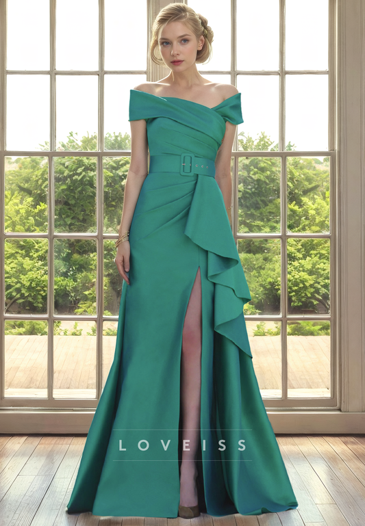 Off-Shoulder Strapless Ruffled High Slit Sleek Sheath Mother of Bride Dress Cocktail Dress