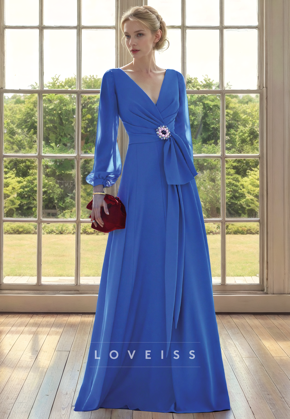 V-Neck Long Sleeves Chiffon Pleated A-Line Mother of Bride Dress Cocktail Dress