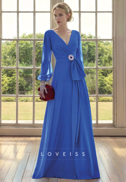 V-Neck Long Sleeves Chiffon Pleated A-Line Mother of Bride Dress Cocktail Dress