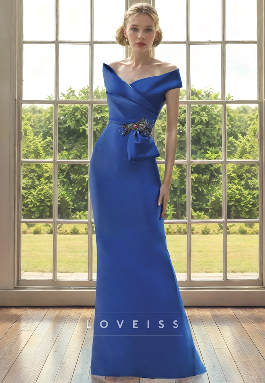 Off-Shoulder Cap Sleeves Ruched Sheath Long Mother of Bride Dress Cocktail Dress