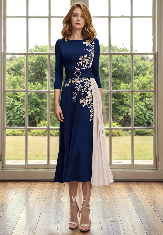 Scoop Long Sleeves Pleated Appliques Mother of Bride Dress Cocktail Dress