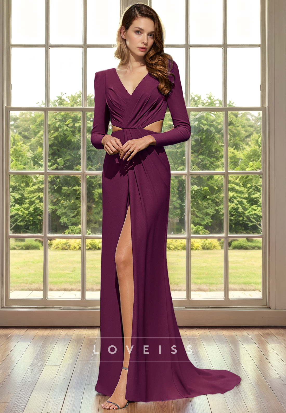 V-Neck Long Sleeves Cut Out High Slit Long Sheath Mother of Bride Dress Ccoktail Dress