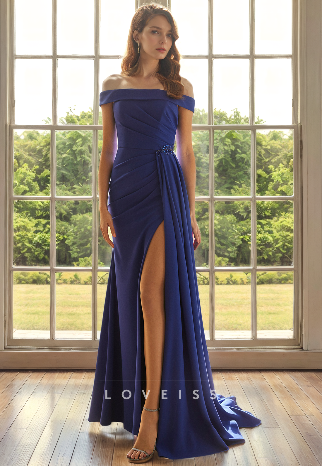 Off-Shoulder Strapless Ruched High Slit Long Mother of Bride Dress Cocktail Dress