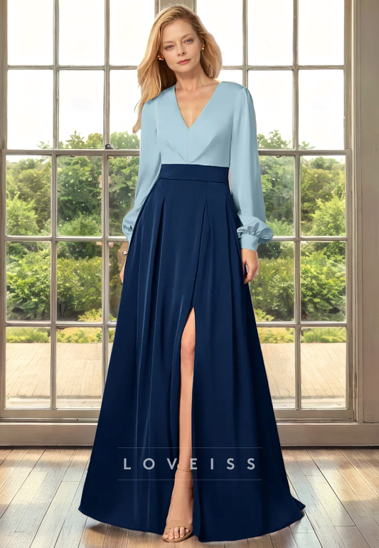 V-Neck Long Sleeves Chiffon Pleated A-Line Mother of Bride Dress