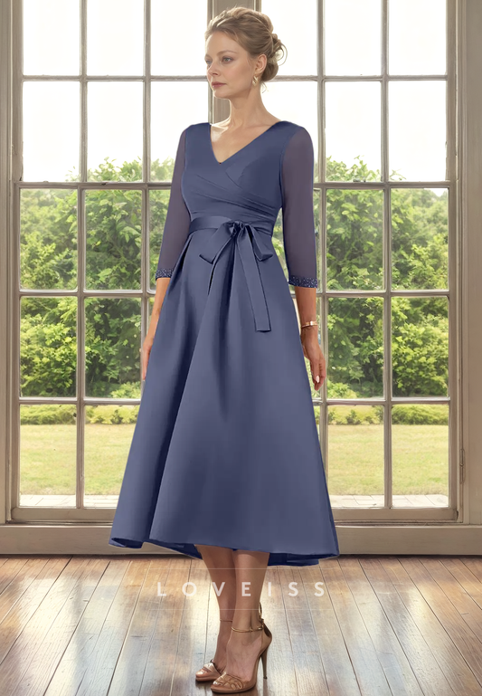 V-Neck Half Sleeves Pleated A-Line Mother of Bride Dress