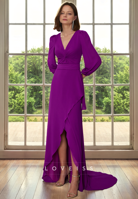 V-Neck Long Sleeves Sleek Mother of Bride Dress