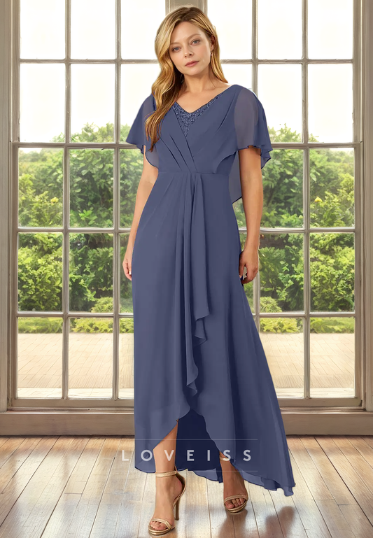 V-Neck Short Sleeves Chiffon Ruffled Long Mother of Bride Dress