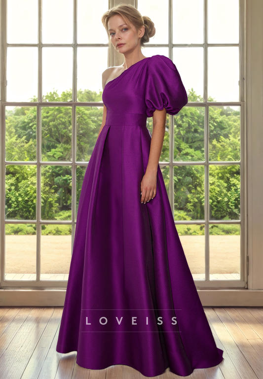 One Shoulder Puff Sleeves Pleated A-Line Mother of Bride Dress