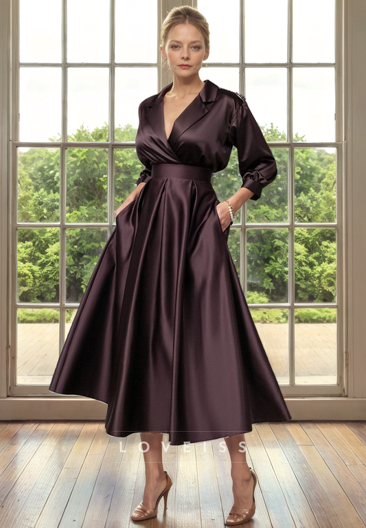 V-Neck Long Sleeves Pleated Sleek A-Line Mother of Bride Dress