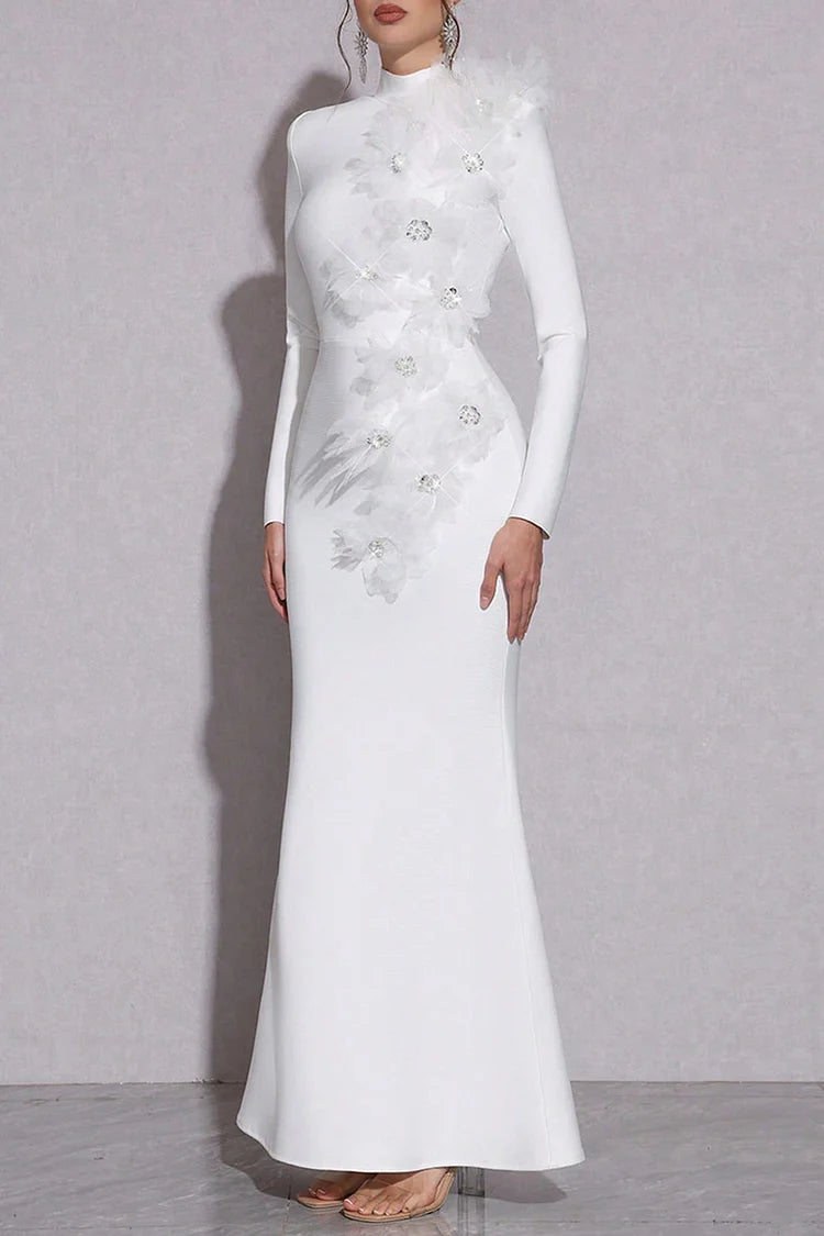 3D Rhinestone Flower Decor Mock Neck Slim Fit Party Maxi Dresses-White
