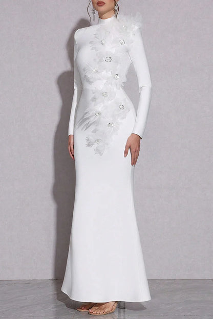 3D Rhinestone Flower Decor Mock Neck Slim Fit Party Maxi Dresses-White