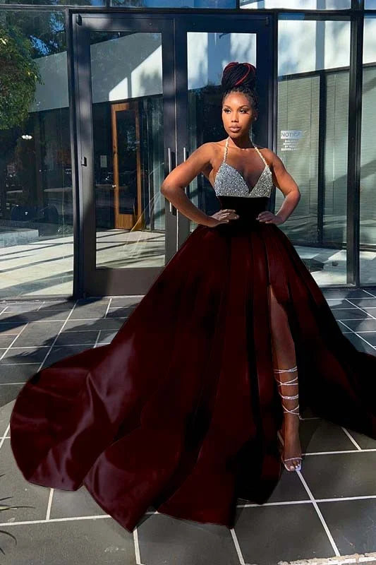 Glamorous Yellow Sequins V-Neck A-Line Prom Dress  Sleeveless With Split