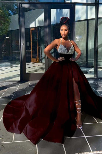 Glamorous Yellow Sequins V-Neck A-Line Prom Dress  Sleeveless With Split