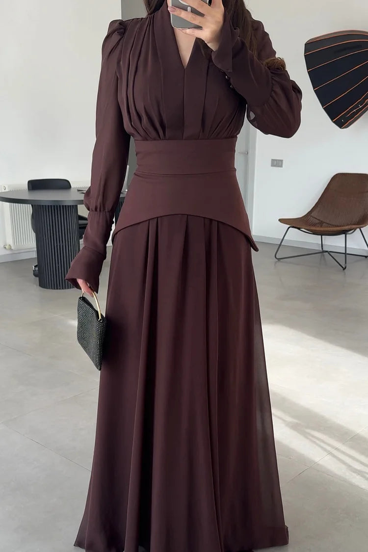 Pleated V Neck Puff Shoulder Long Sleeve Party Maxi Dresses